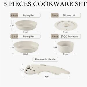 Carote Nonstick Cookware Set with Detachable Handle, 5 Pcs -White Granite